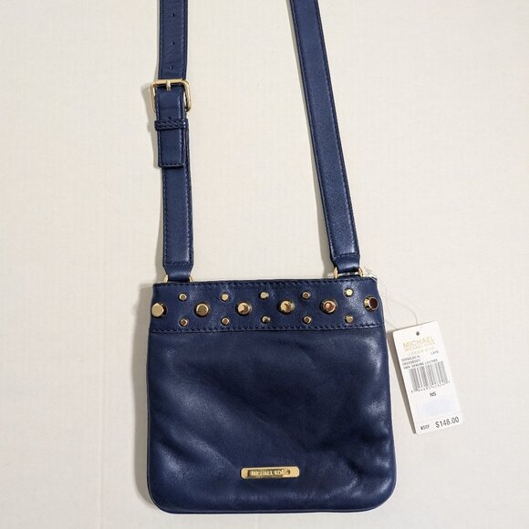 NWT Michael Kors Leather Lapis Blue Ludlow Gold Stud Crossbody Purse - Picture 11 of 12